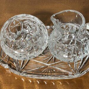 Vintage Bohemian Lead Crystal Sugar and Creamer w Serving Tray Pinwheel Pattern